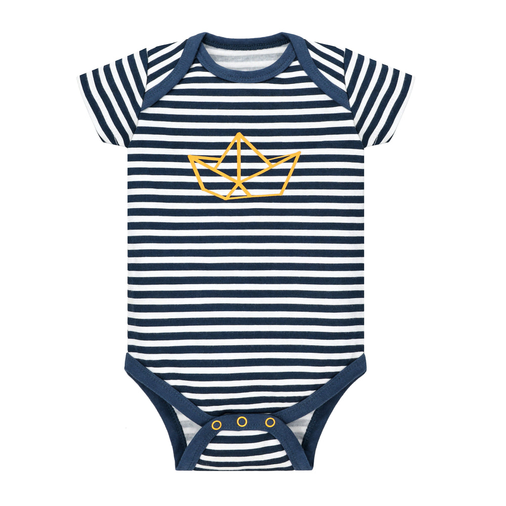 Featherhead Bodysuit FB-2069 navy stripe cotton baby romper with anchor print, flat lay view