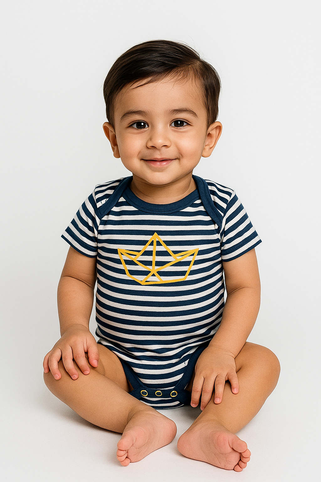 Baby wearing Featherhead Bodysuit FB-2069 in navy stripe cotton with yellow anchor print