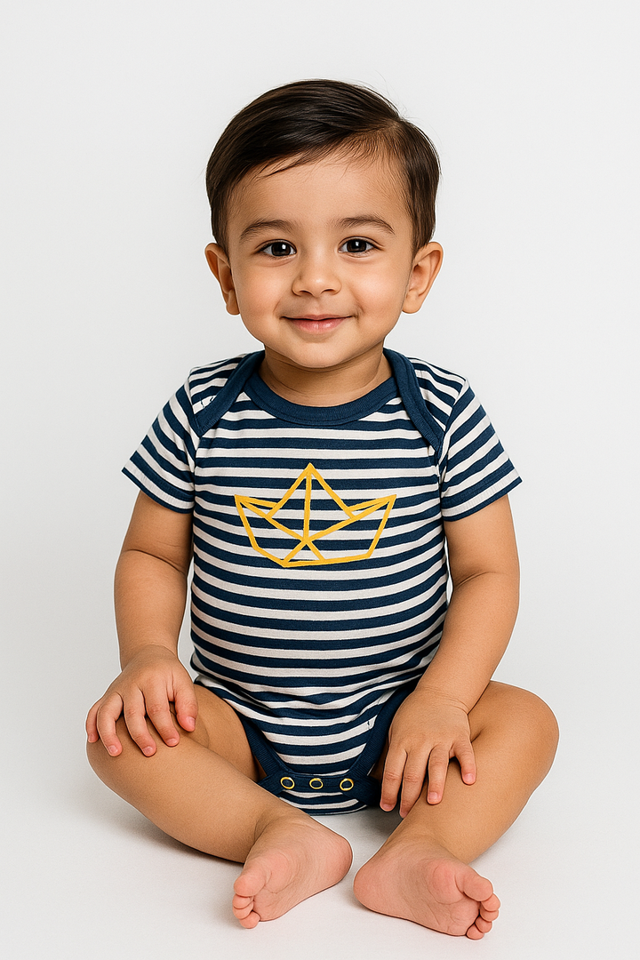 Baby wearing Featherhead Bodysuit FB-2069 in navy stripe cotton with yellow anchor print