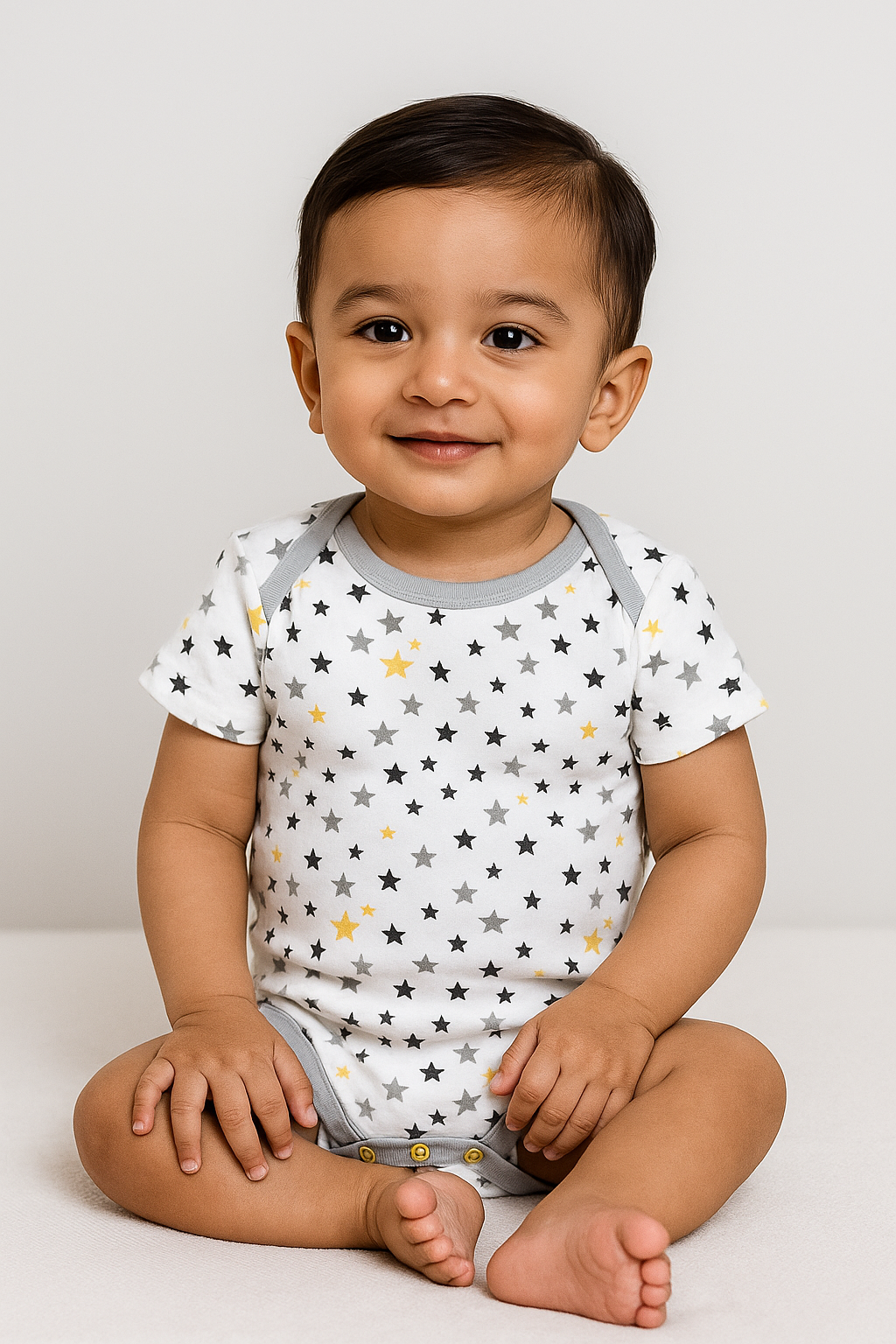 Baby wearing Featherhead Bodysuit FN-2081 Star Gazer print in white cotton