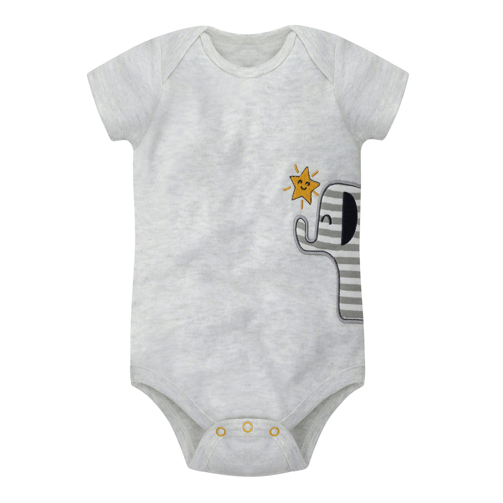 Grey cotton Featherhead Bodysuit FN-2085 with elephant embroidery, half sleeves.