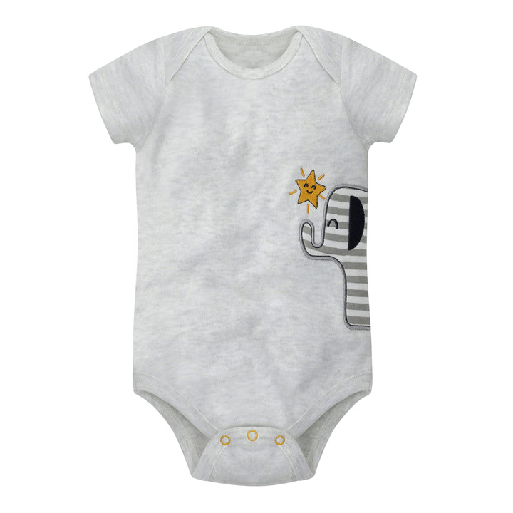Grey cotton Featherhead Bodysuit FN-2085 with elephant embroidery, half sleeves.
