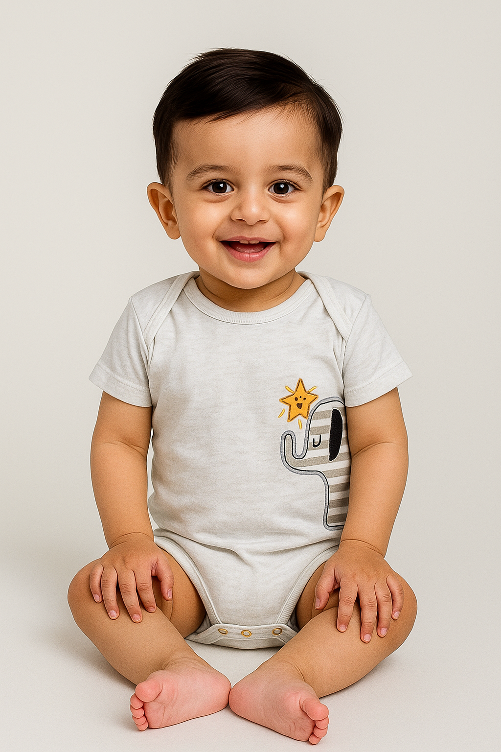 Baby boy wearing Featherhead Bodysuit FN-2085 grey cotton romper with elephant embroidery.