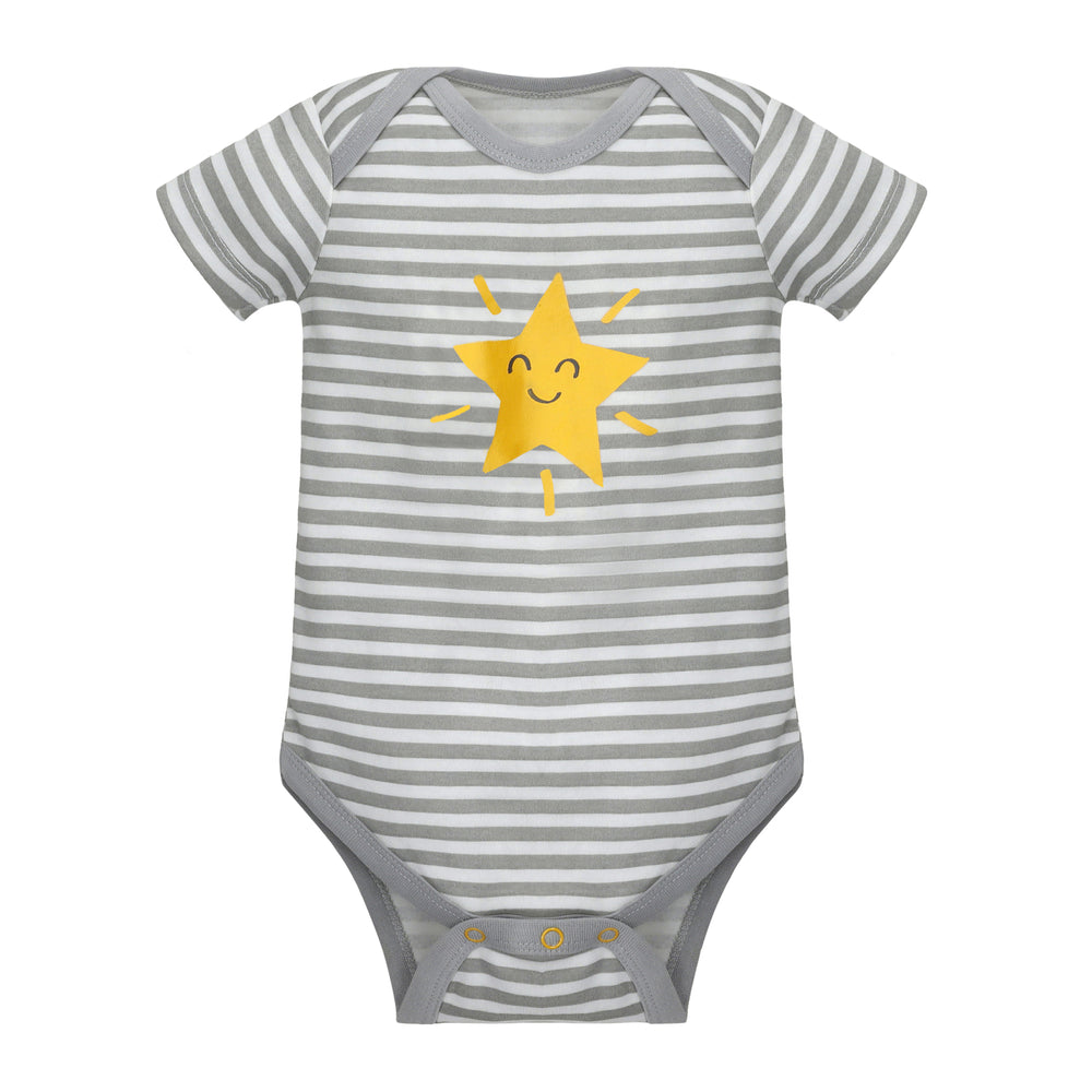 Featherhead Bodysuit FN-2089, grey striped cotton baby romper, half-sleeves, flat product view