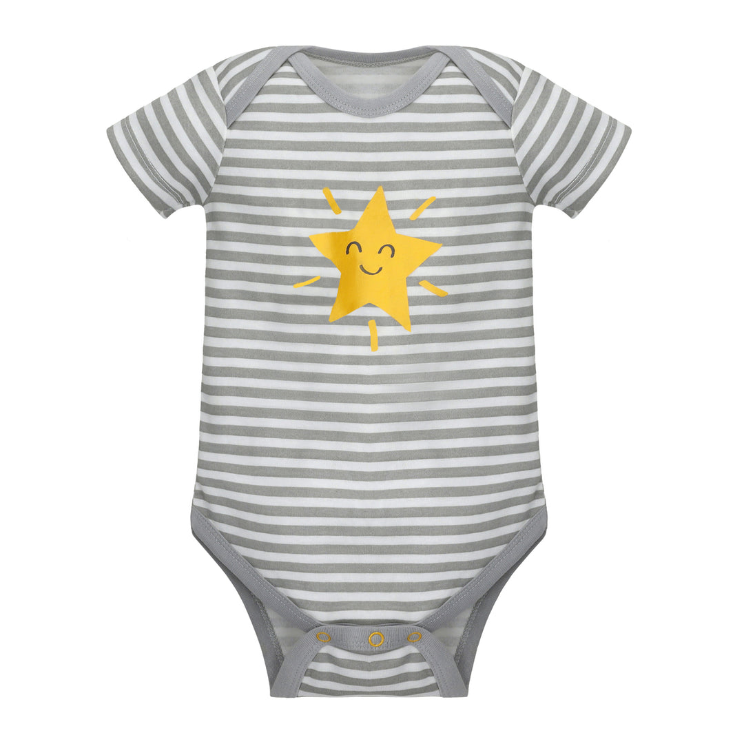 Featherhead Bodysuit FN-2089, grey striped cotton baby romper, half-sleeves, flat product view