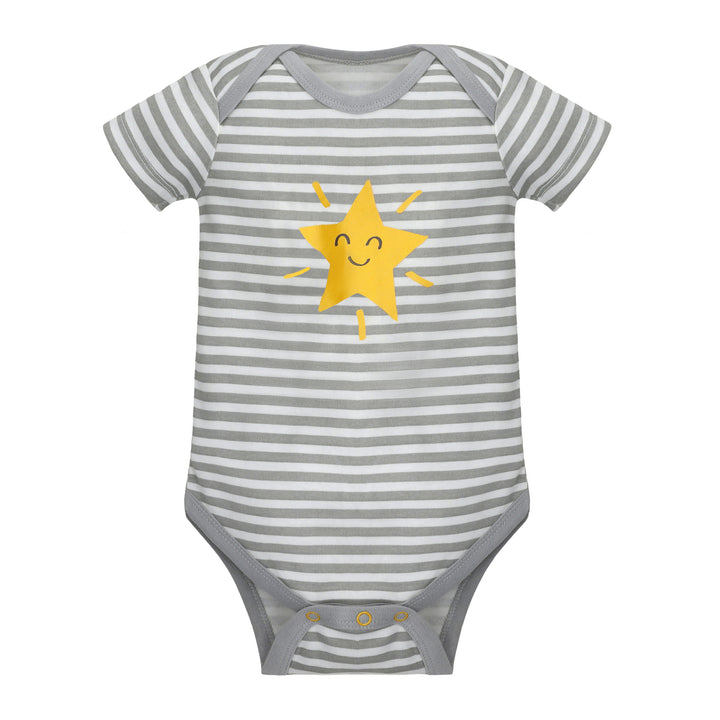 Featherhead Bodysuit FN-2089, grey striped cotton baby romper, half-sleeves, flat product view