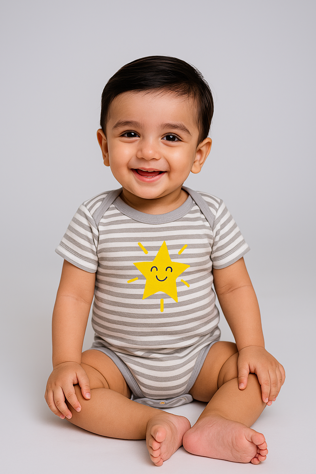 Baby wearing Featherhead Bodysuit FN-2089 in grey stripes, 100% cotton half-sleeve romper