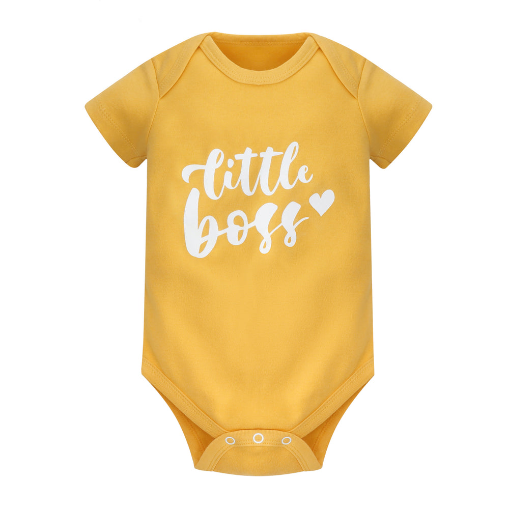 Yellow cotton Featherhead Bodysuit FN-2093 with “Little Boss” print displayed flat