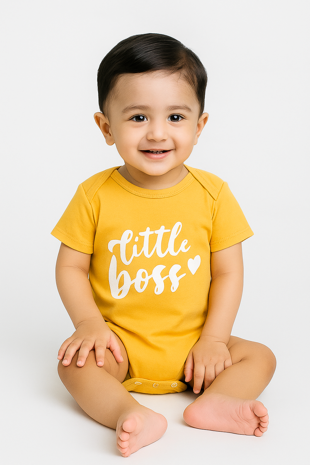 Baby wearing Featherhead Bodysuit FN-2093, yellow cotton romper with “Little Boss” print