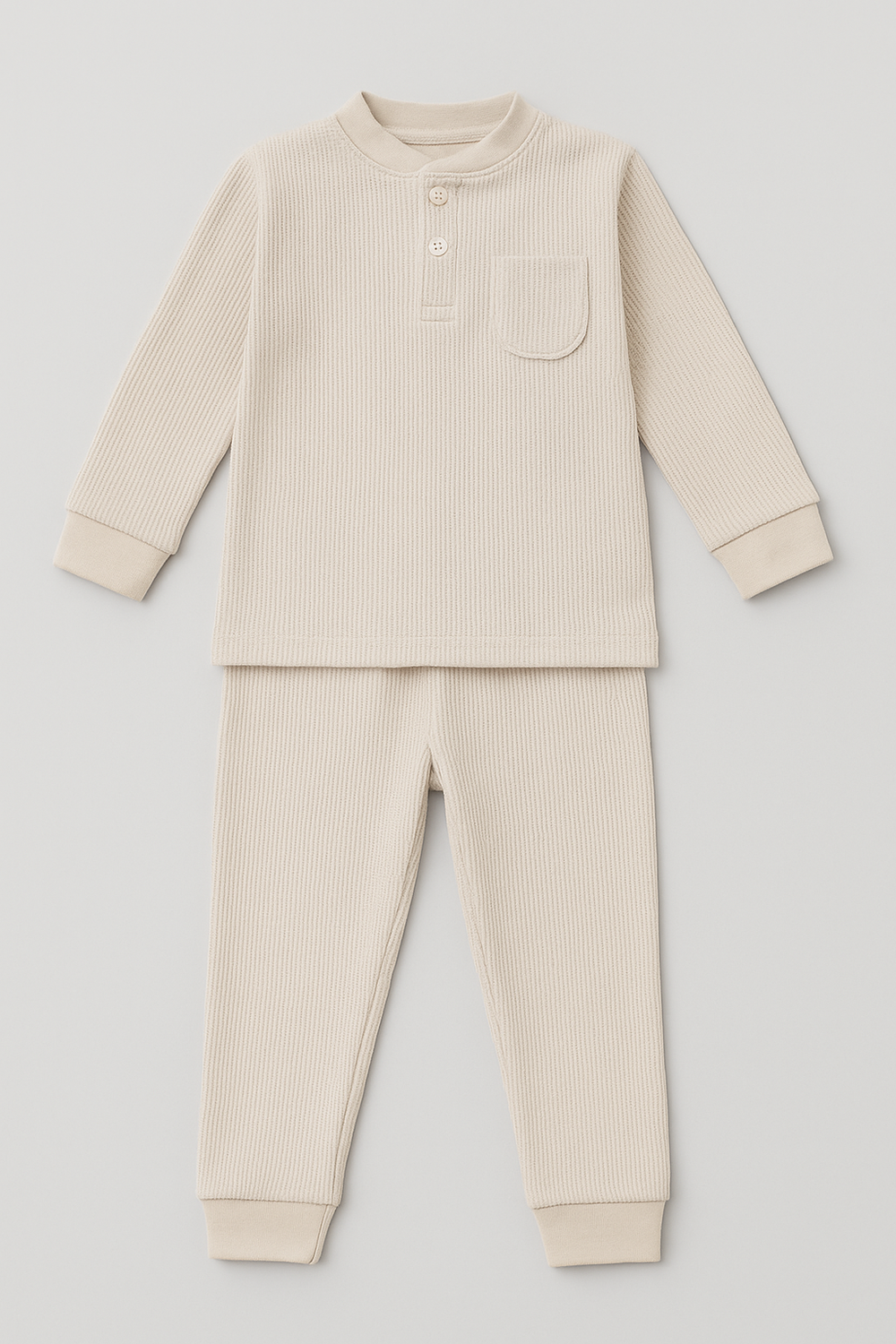 Almond peach waffle thermal top & bottom baby outfit FN-6519 displayed flat.