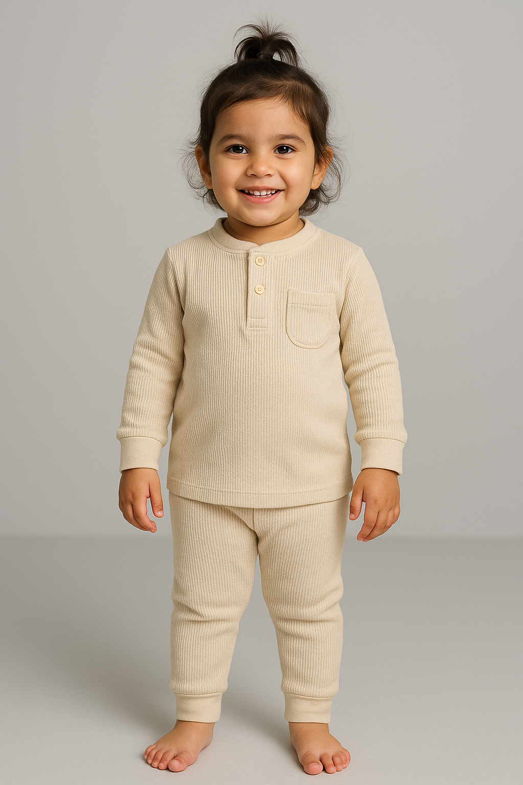 Baby wearing Featherhead almond peach waffle thermal top & bottom set FN-6519.