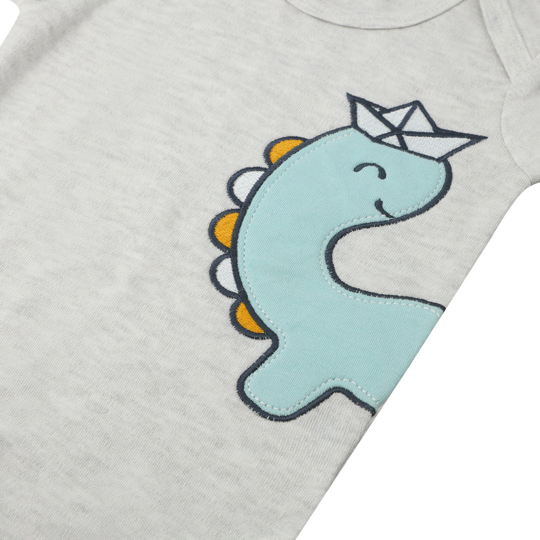 Close-up view of dino print on Featherhead Bodysuit FB-2065 – breathable cotton fabric