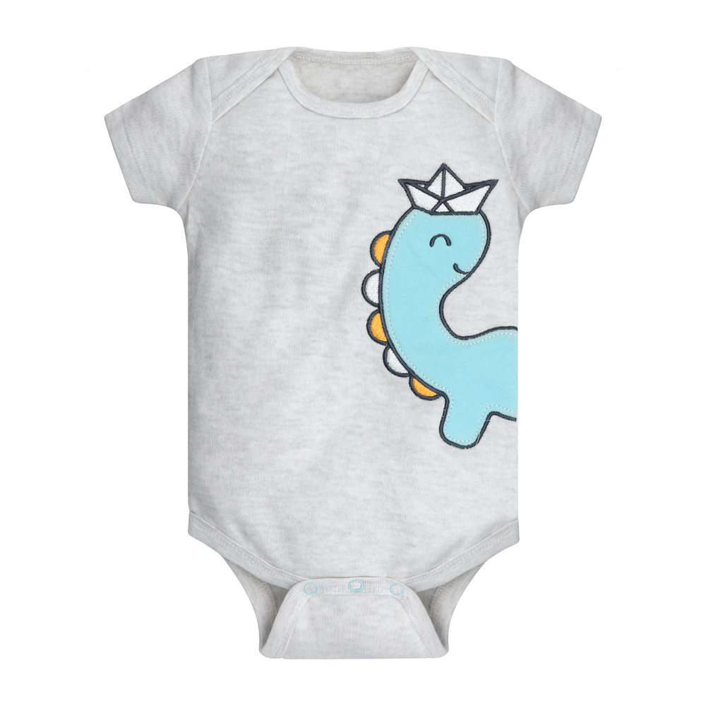 Grey Featherhead Bodysuit FB-2065 with blue dino print – soft cotton baby clothing