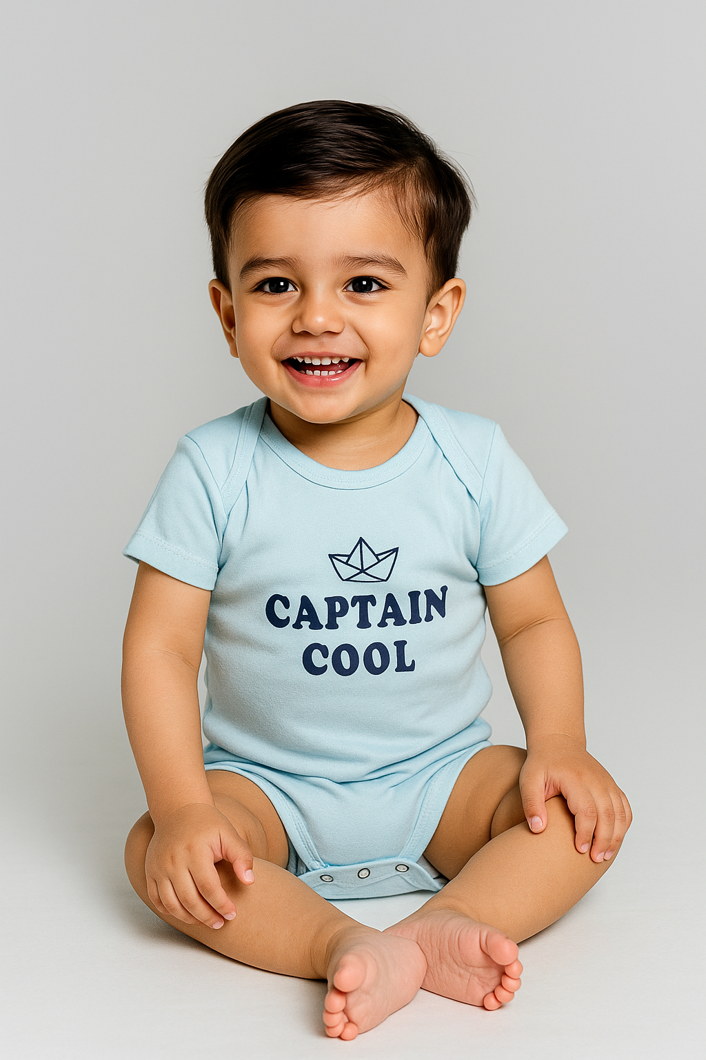 Baby boy wearing Featherhead cotton bodysuit FB-2073 with “Captain Cool” print