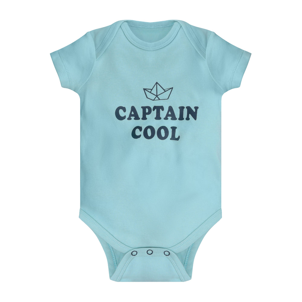 Blue Featherhead baby bodysuit FB-2073 with “Captain Cool” text print