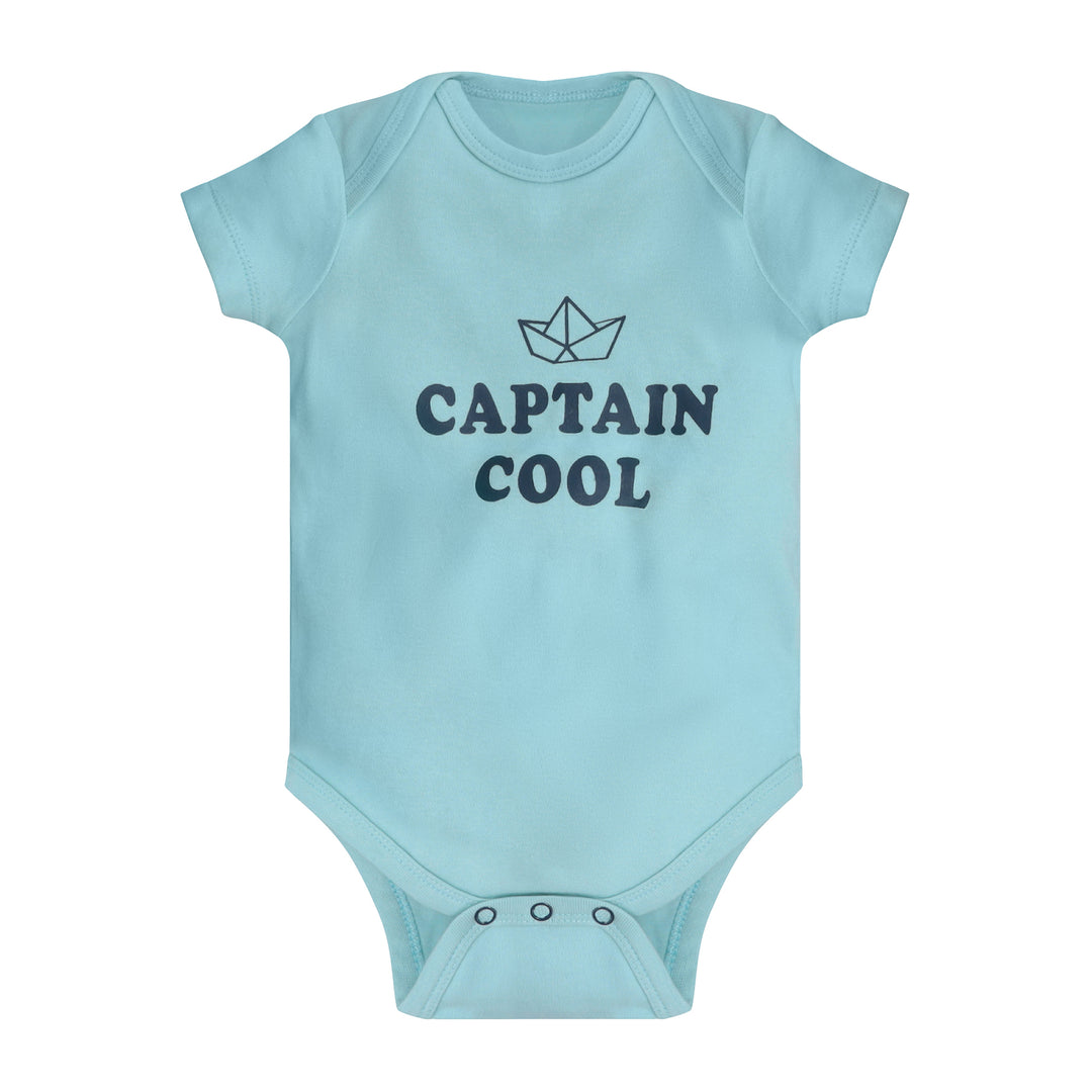 Blue Featherhead baby bodysuit FB-2073 with “Captain Cool” text print