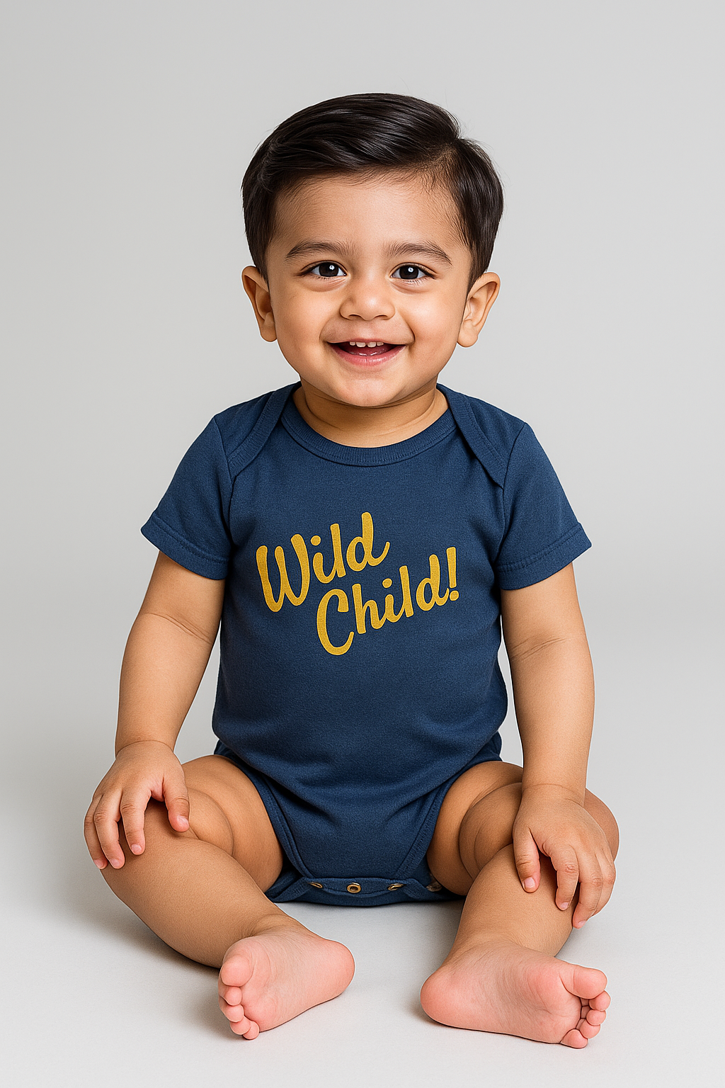 Baby boy wearing Featherhead Baby Bodysuit FN-2097, navy blue “Wild Child” 100% cotton romper