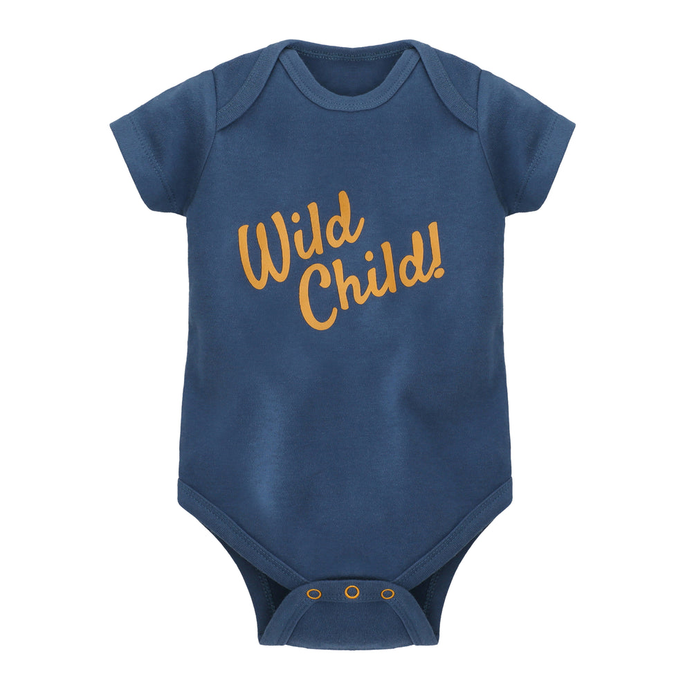 Featherhead Baby Bodysuit FN-2097, navy blue “Wild Child” cotton romper flat lay product photo