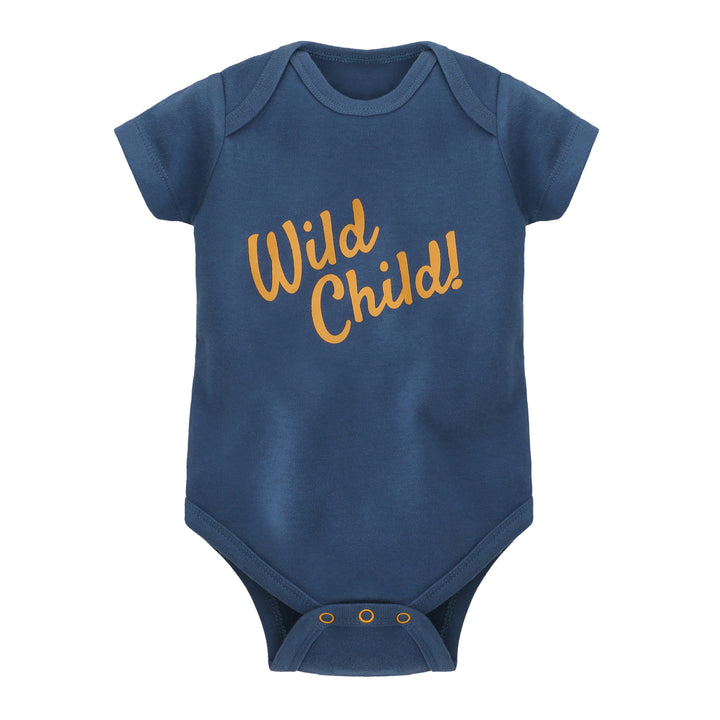 Featherhead Baby Bodysuit FN-2097, navy blue “Wild Child” cotton romper flat lay product photo