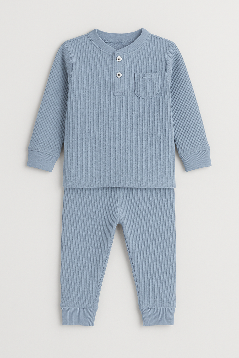 Featherhead Top & Bottom Set FN-6501 WT – faded denim cotton two-piece outfit flat lay