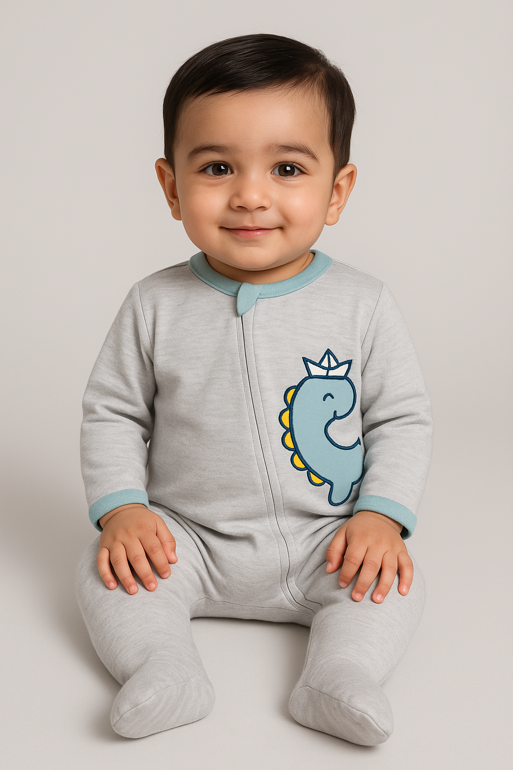 Baby boy wearing Footed Sleep N' Play with dino print, 100% cotton sleeper FB-6030