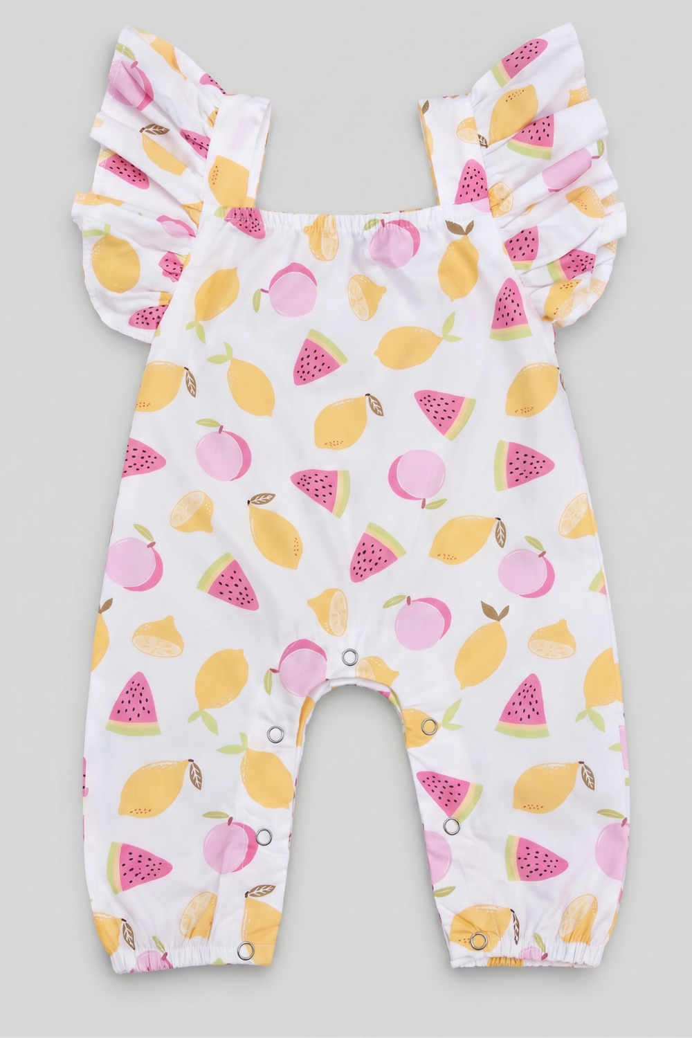 Baby girls 100% cotton colorful printed ruffle strap romper FB-5023 by Featherhead Pakistan