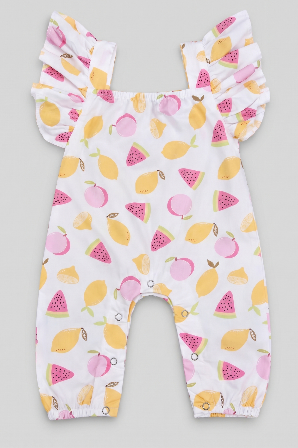 Baby girls 100% cotton colorful printed ruffle strap romper FB-5023 by Featherhead Pakistan
