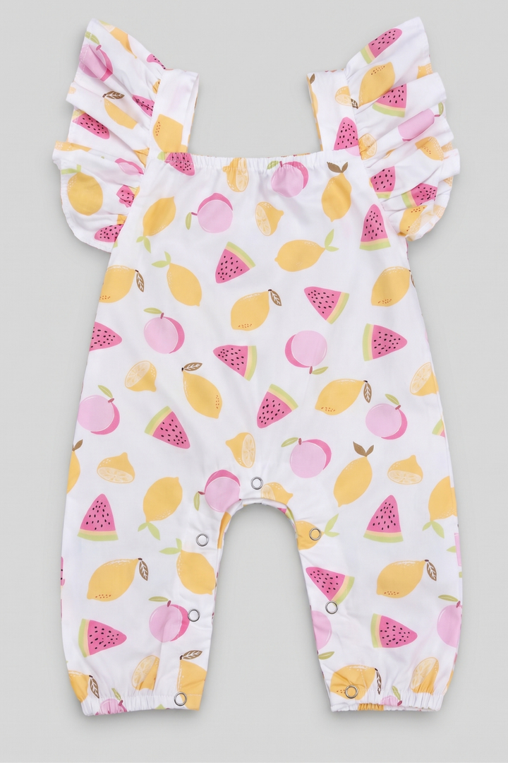 Baby girls 100% cotton colorful printed ruffle strap romper FB-5023 by Featherhead Pakistan