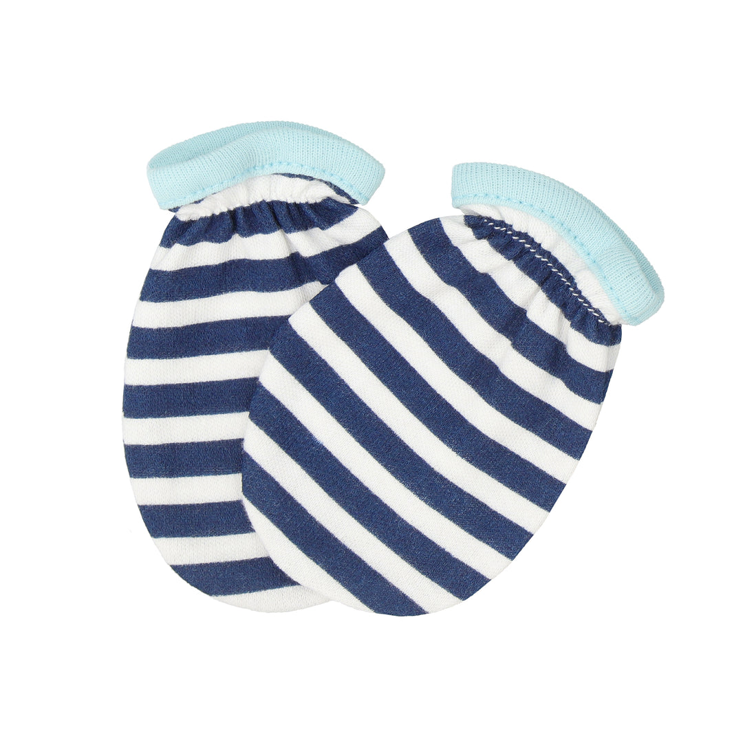Breathable 100% cotton navy stripe mittens for babies