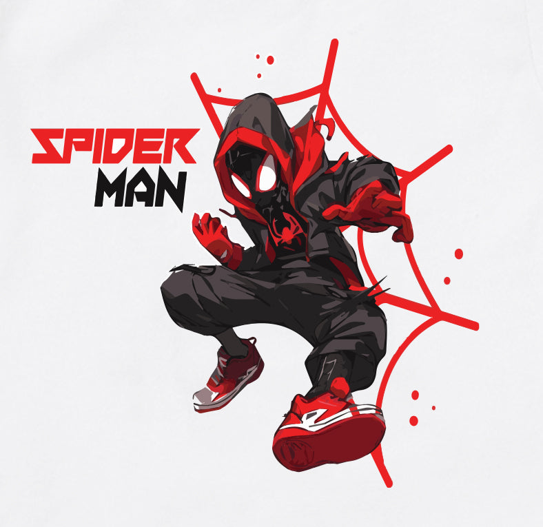 Close-up of Spider-Man inspired design on white cotton baby bodysuit