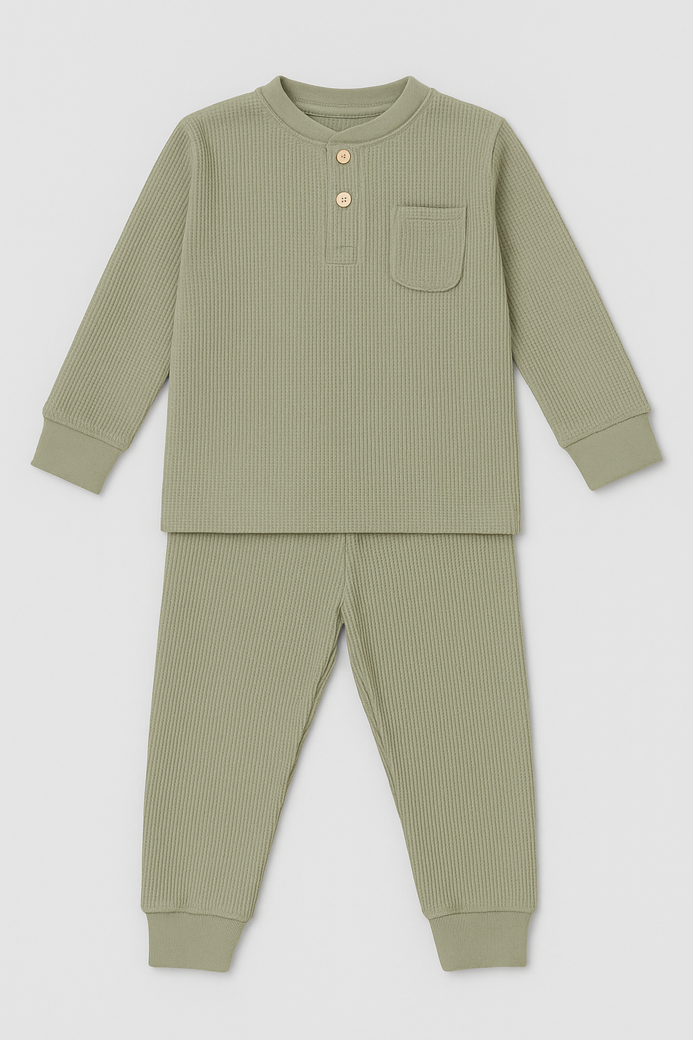 Flat lay of Featherhead FN-6513 cotton waffle thermal two-piece set in sea grass color.