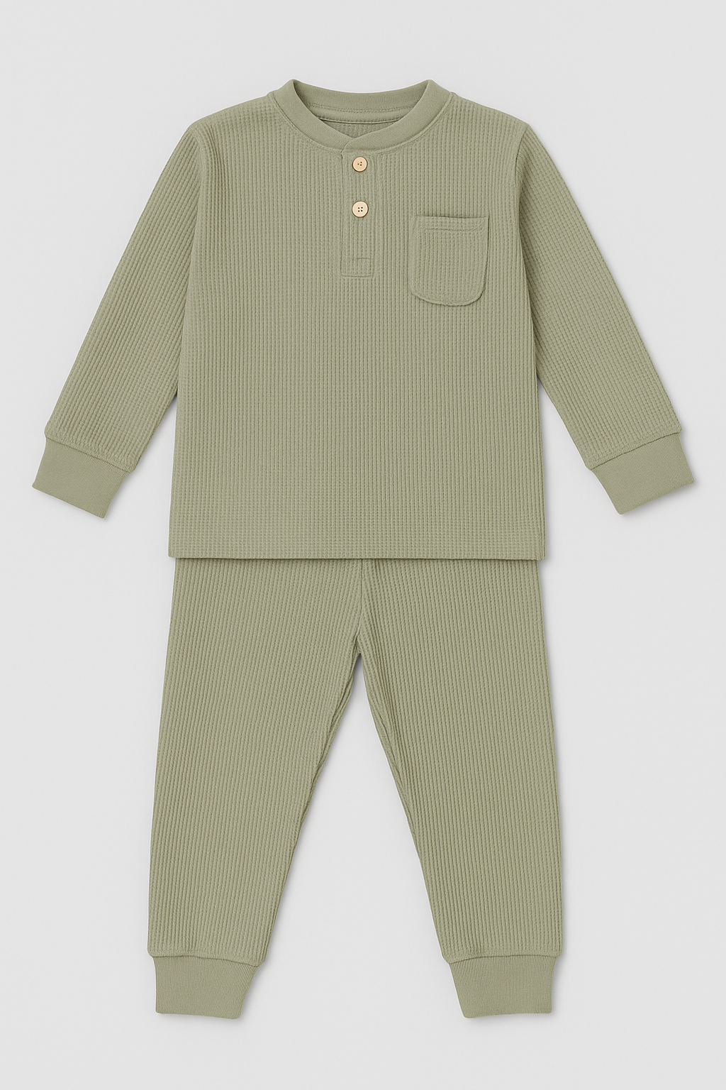Flat lay of Featherhead FN-6513 cotton waffle thermal two-piece set in sea grass color.