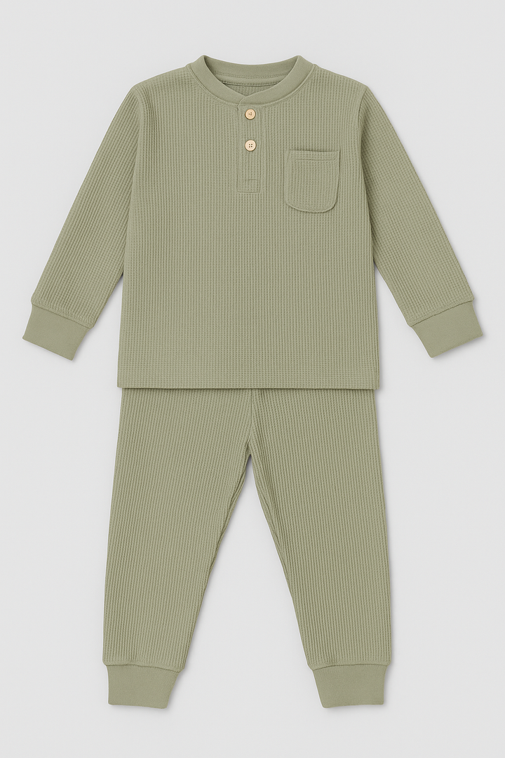Flat lay of Featherhead FN-6513 cotton waffle thermal two-piece set in sea grass color.