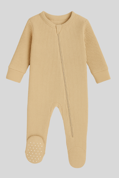 Almond Peach footed zippered sleeper laid flat – FN-06010