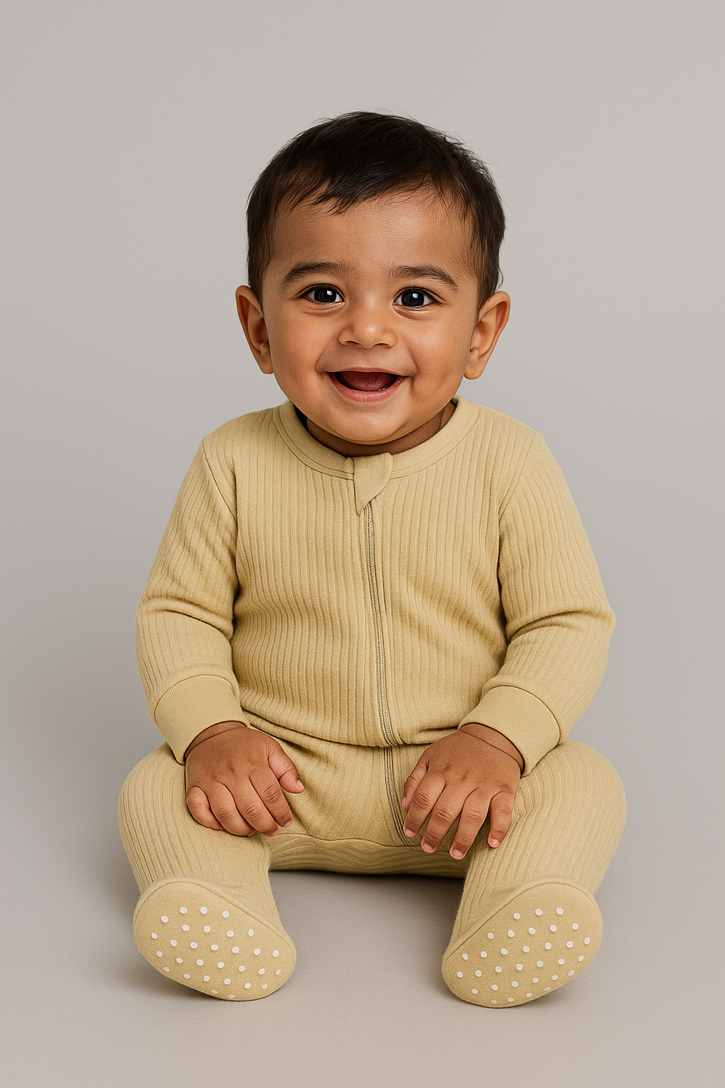 Baby wearing Almond Peach full-sleeve footed sleeper – FN-06010