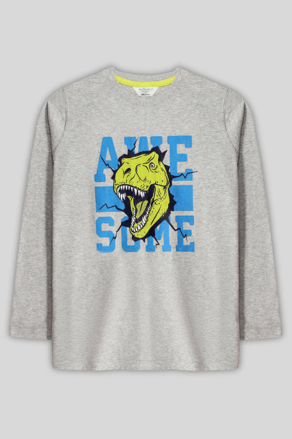 Kids grey long sleeve T-shirt with blue and yellow dinosaur print