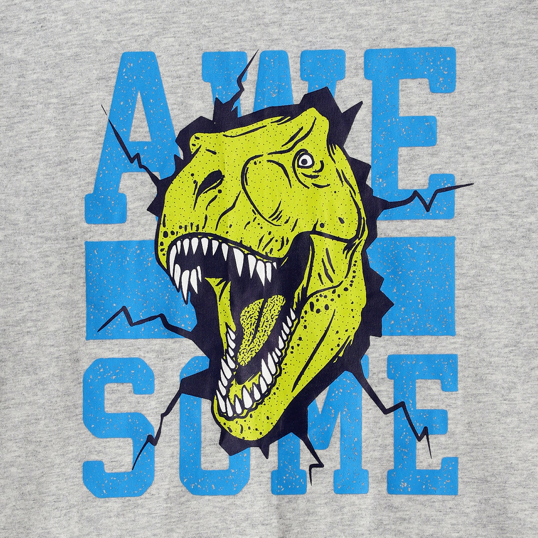 Close-up of “Awesome” dinosaur graphic on grey tee