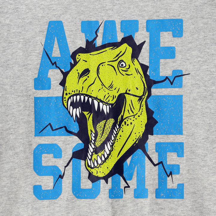 Close-up of “Awesome” dinosaur graphic on grey tee