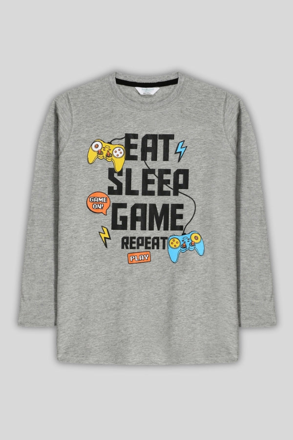 Grey kids’ tee with “Eat Sleep Game Repeat” print
