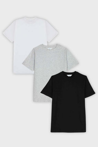 Pack of 3 boys' cotton T-shirts in black, white, and grey
