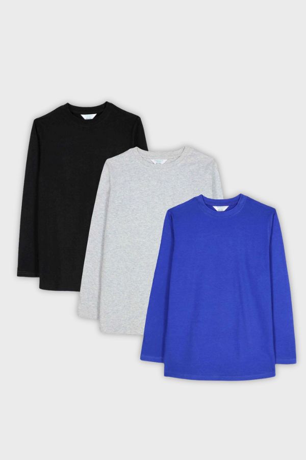 Pack of 3 long sleeve kids’ T-shirts in black, grey, and blue