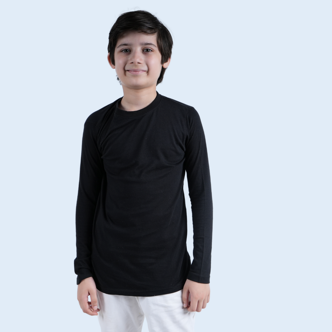 Boy wearing black long sleeve T-shirt