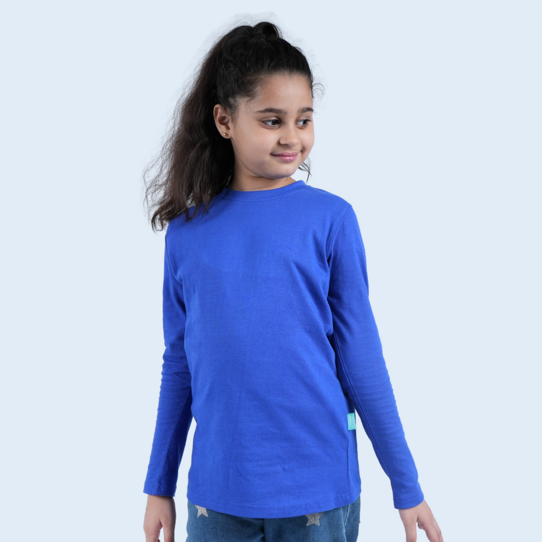 Girl wearing blue long sleeve T-shirt