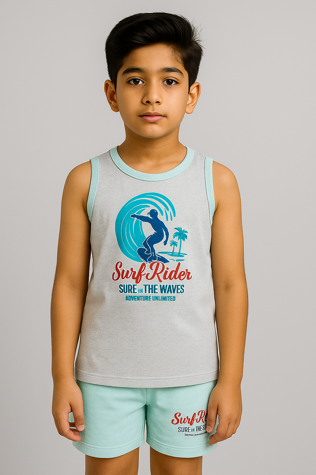 Boy wearing grey tank top and aqua shorts with surf print