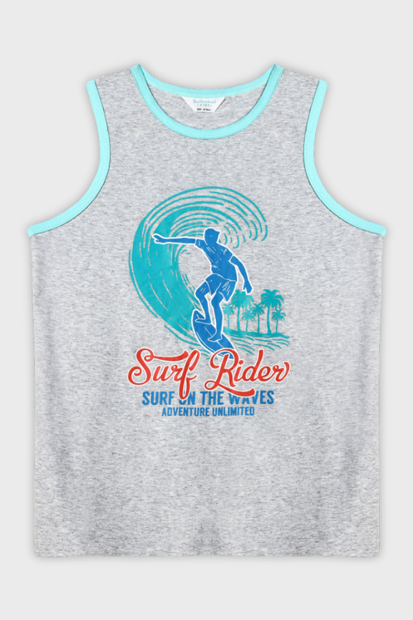 Close-up of Surf Rider graphic on kids tank top