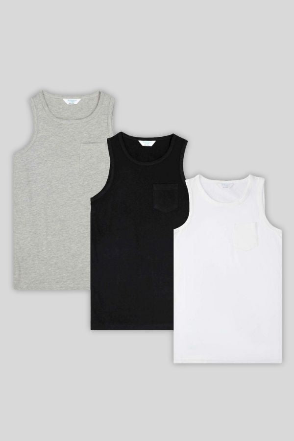 3-pack boys' tank tops in black, white, and grey
