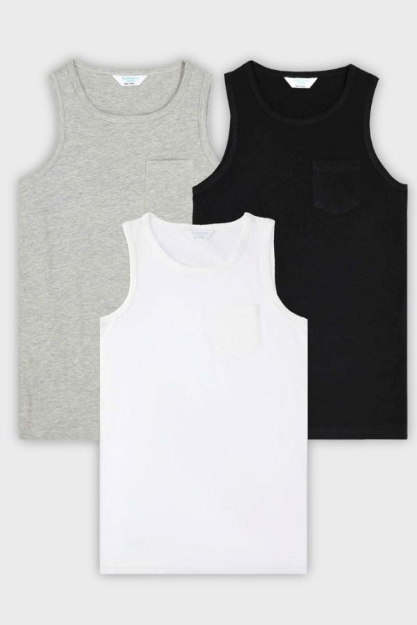 3-pack boys' tank tops in black, white, and grey