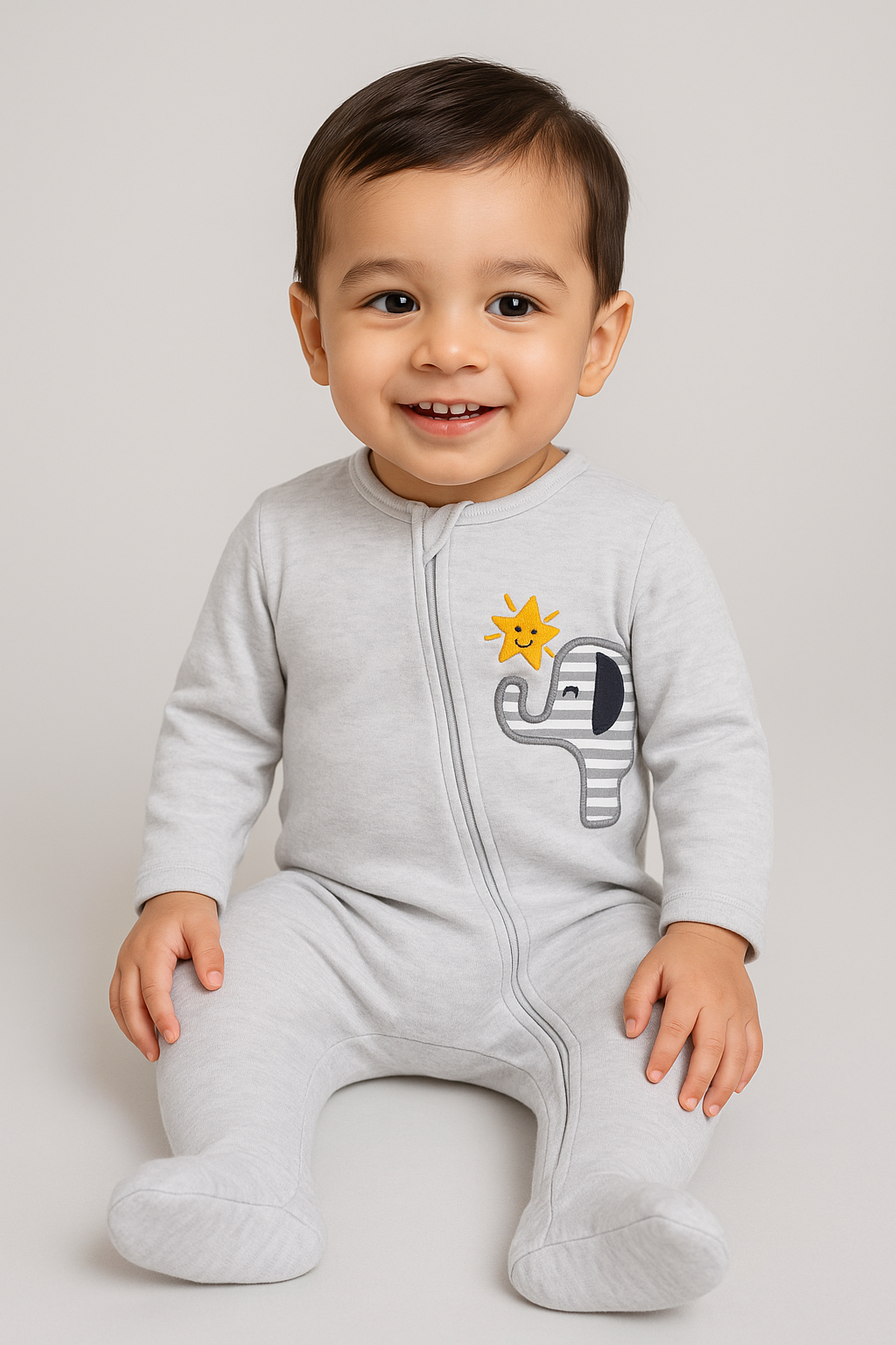 Baby boy wearing grey 100% cotton footed sleep n' play with elephant embroidery, zip front – FN-6039 by Featherhead
