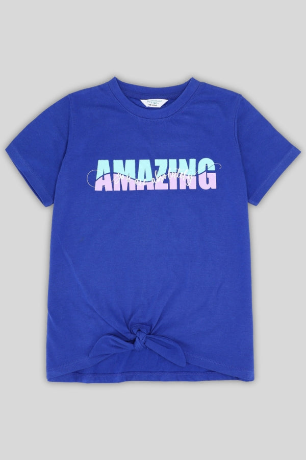 Front view of purple girl's T-shirt with knot and bold text