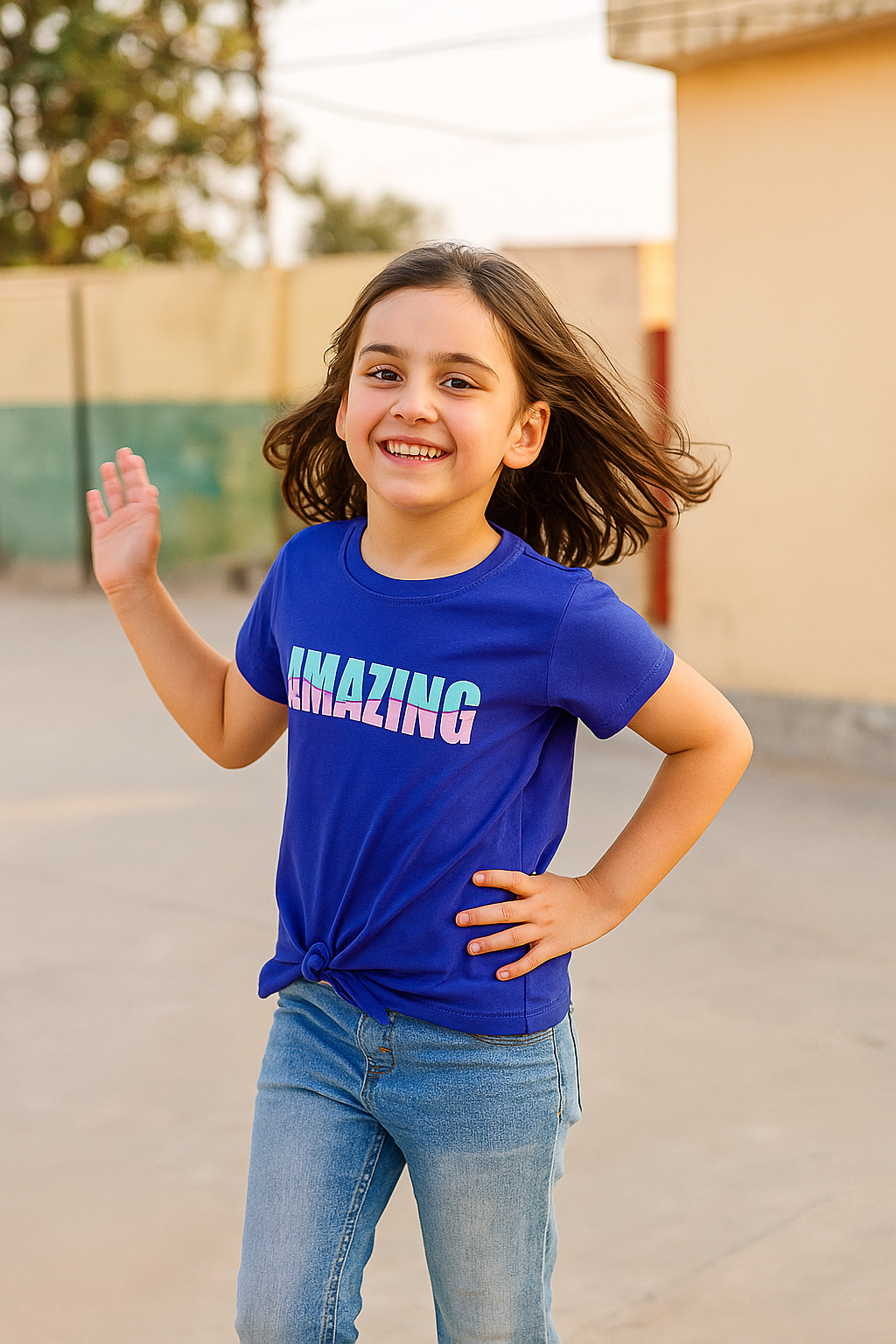 Girl wearing purple "AMAZING" graphic T-shirt with front tie